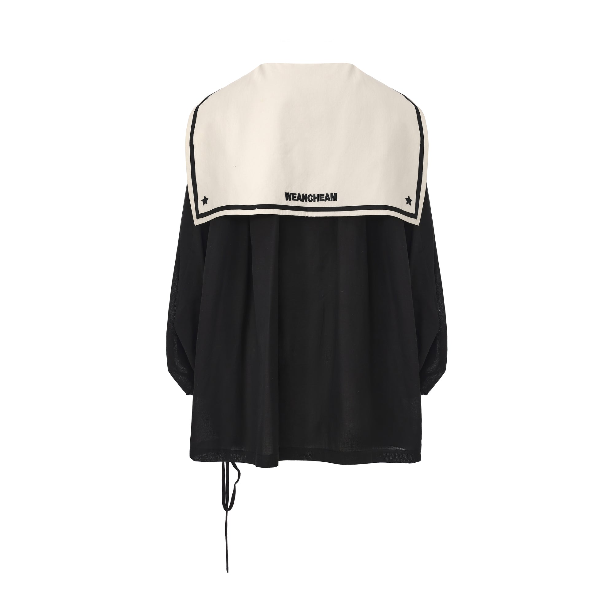 Bow tie navy lapel blazer with lace-trim details and ribbon accents – WEANCHEAM