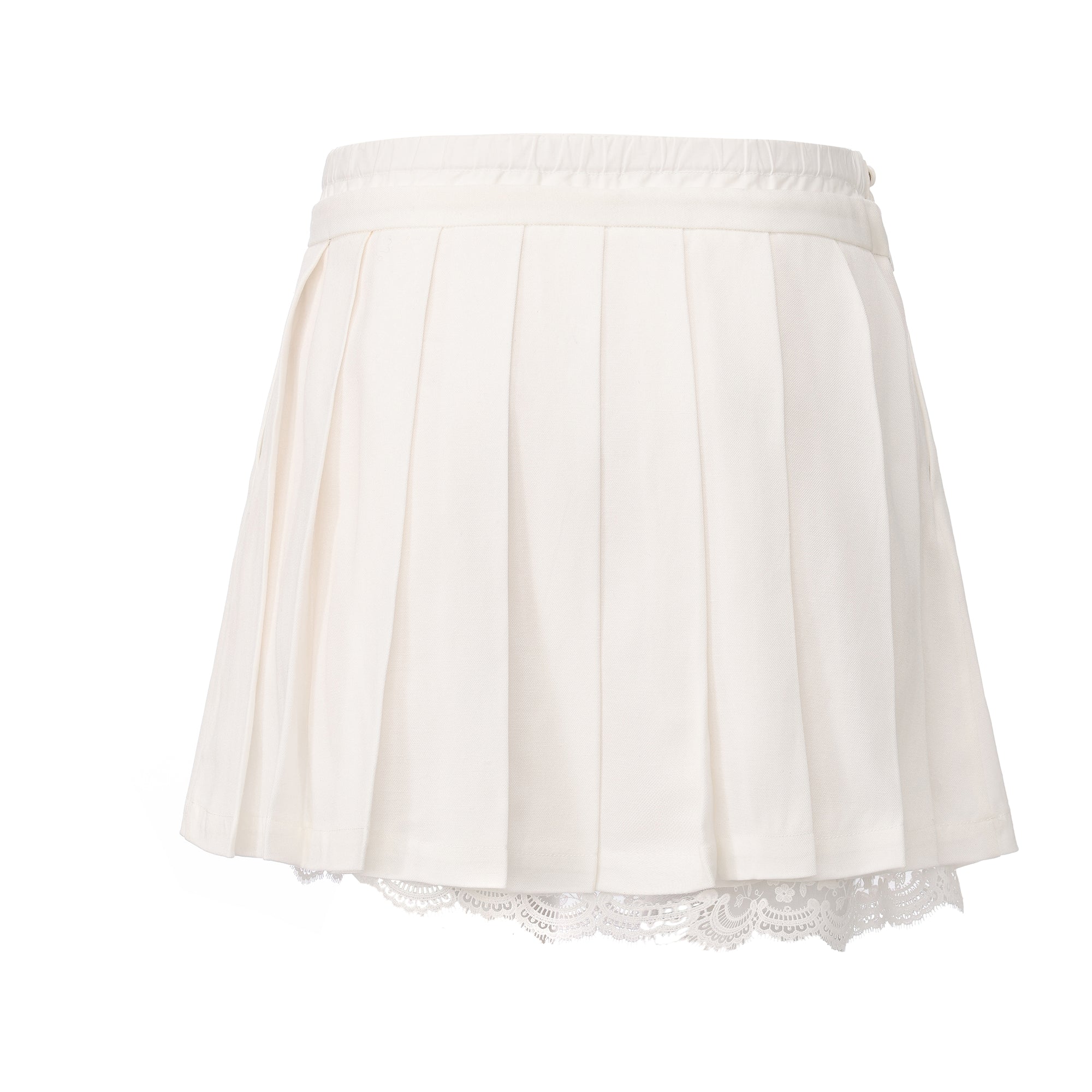 Double waistband pleated mini skirt with checkered contrasts and lace hem – WEANCHEAM