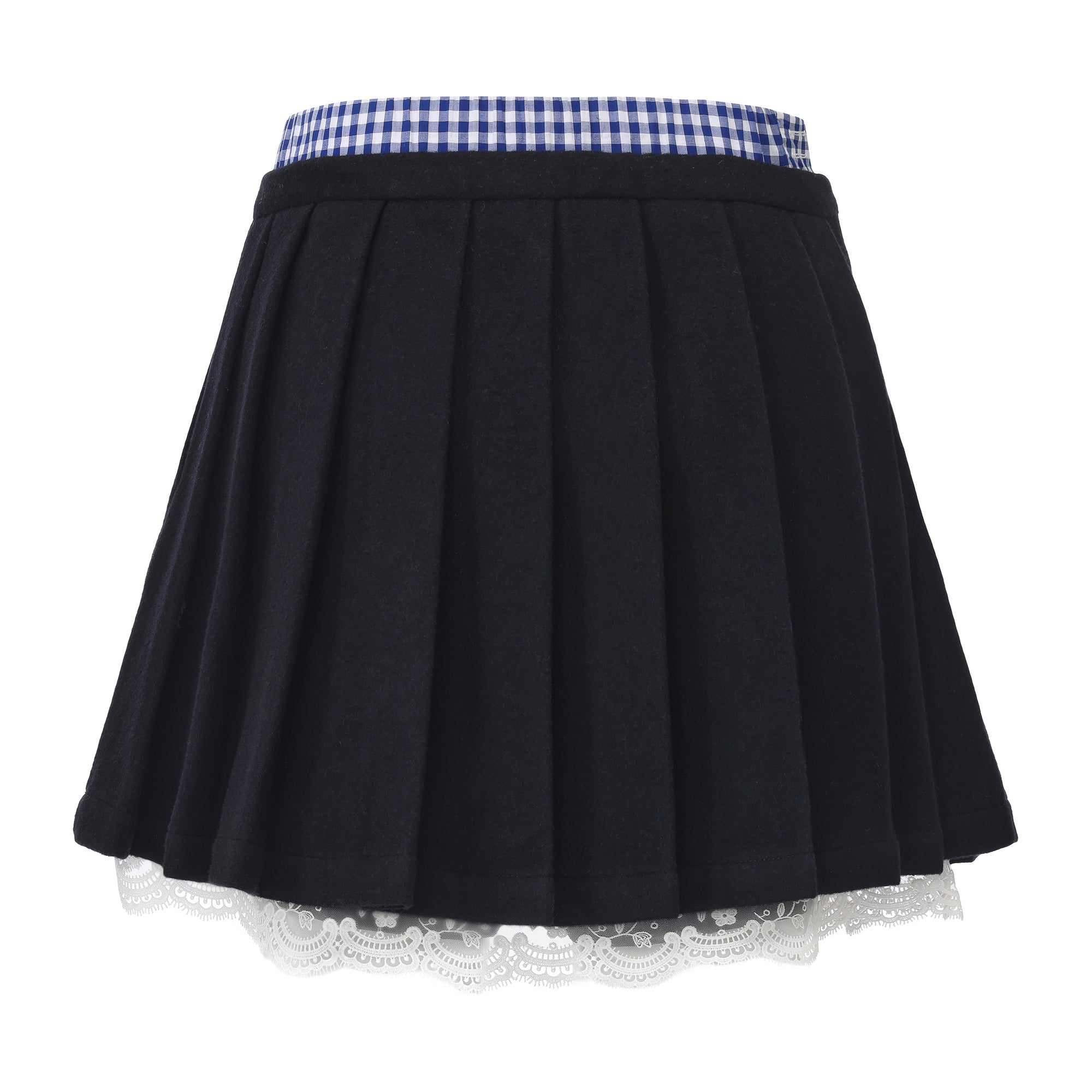 Double waistband pleated mini skirt with checkered contrasts and lace hem – WEANCHEAM