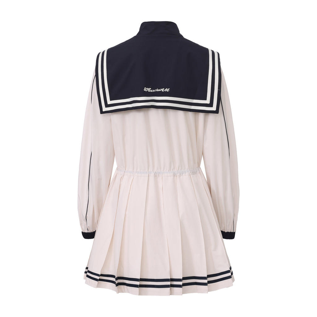 Navy collar sports jacket dress with striped accents and waist cinch – WEANCHEAM