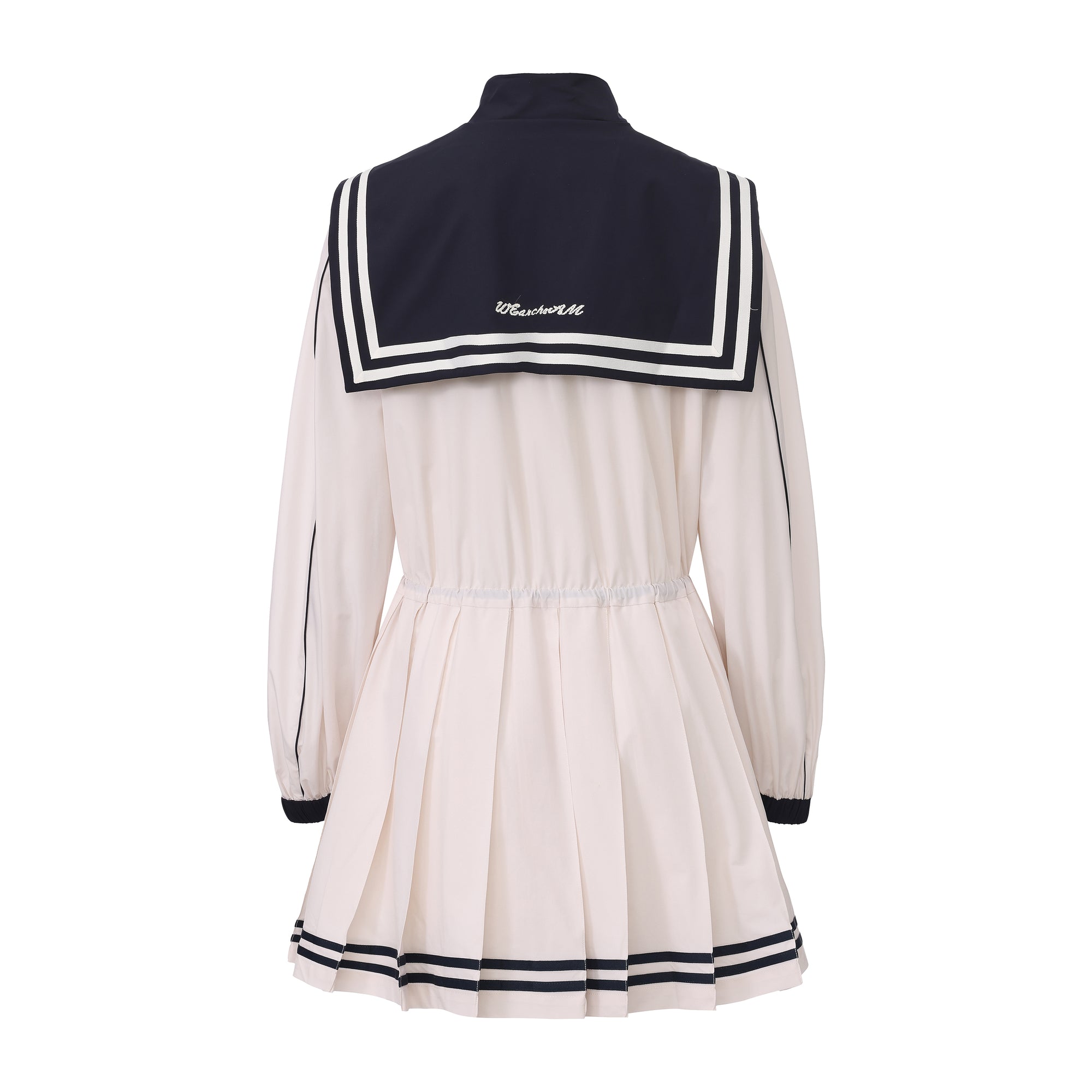 Navy collar sports jacket dress with striped accents and waist cinch – WEANCHEAM