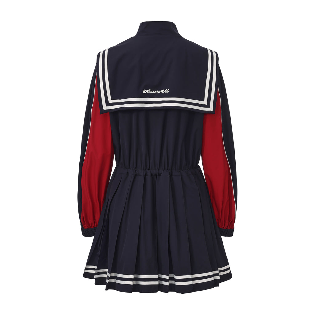 Navy collar sports jacket dress with striped accents and waist cinch – WEANCHEAM