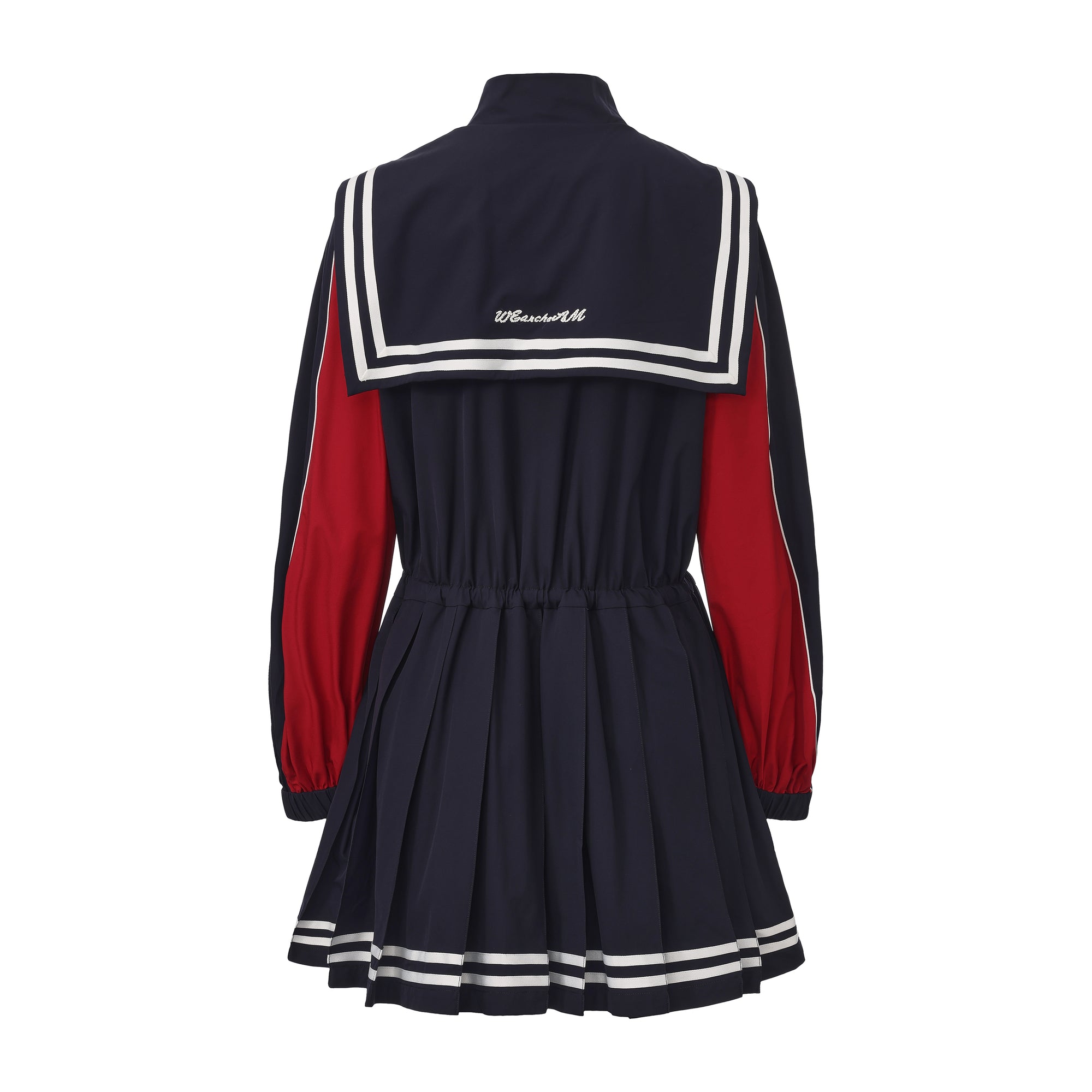 Navy collar sports jacket dress with striped accents and waist cinch – WEANCHEAM