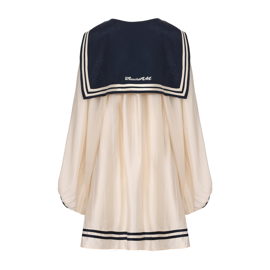 Long flowing navy collar dress with ribbon neckline and A-line silhouette – WEANCHEAM