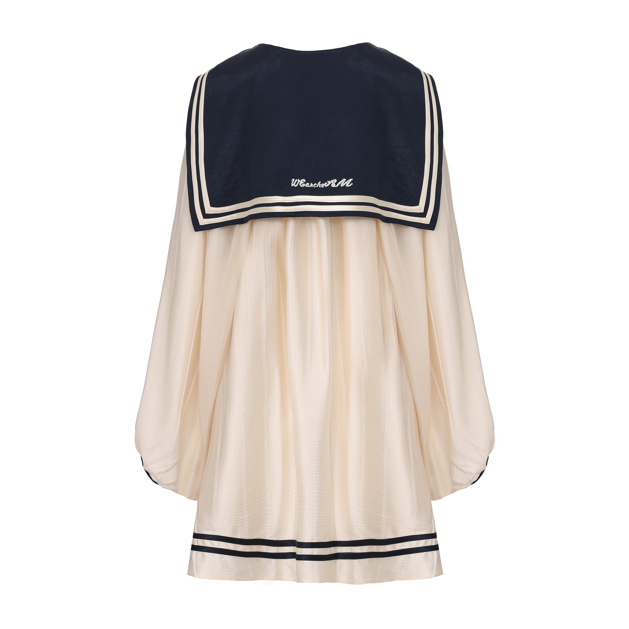 Long flowing navy collar dress with ribbon neckline and A-line silhouette – WEANCHEAM
