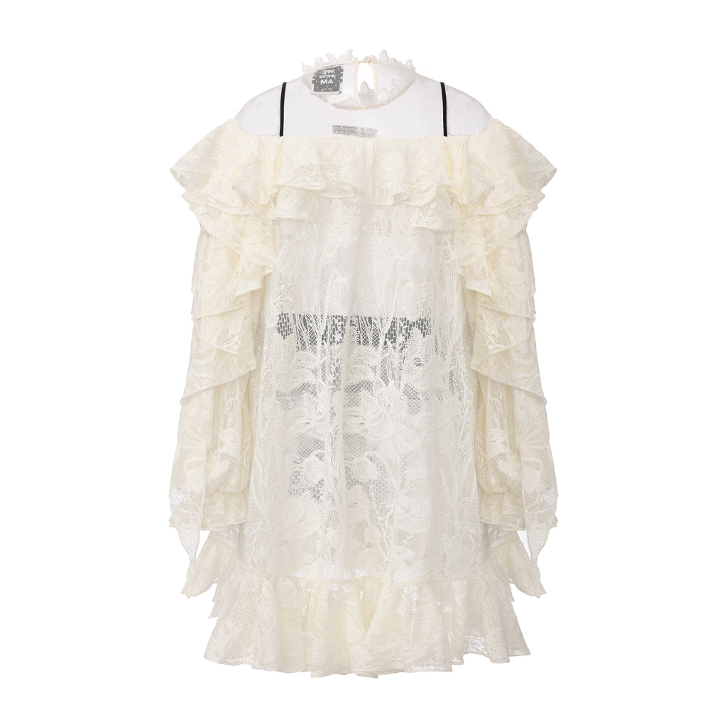 Lace bow tie dress with layered tulle and floral patterns – WEANCHEAM