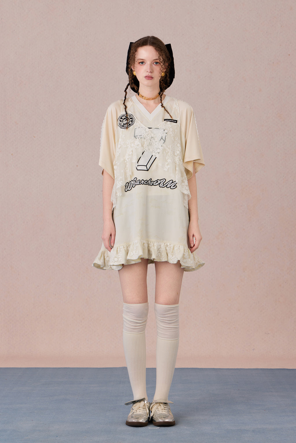Summer sporty-style lace dress with flowing ruffle hem and halter neckline