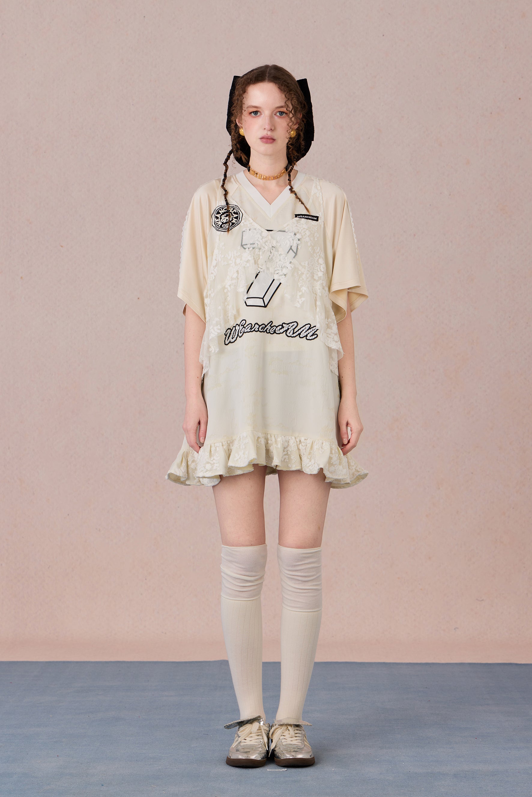 Summer sporty-style lace dress with flowing ruffle hem and halter neckline