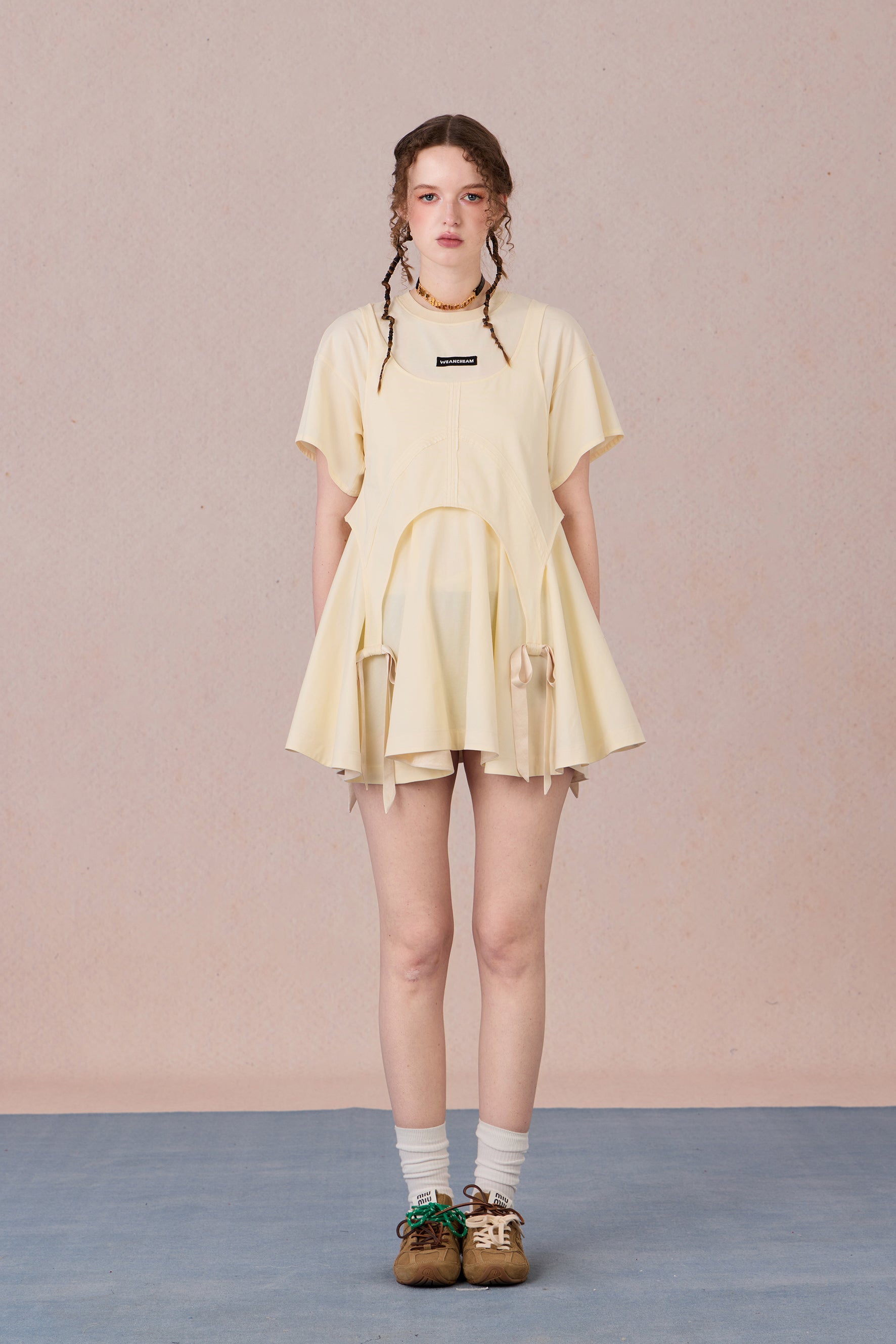  Oversized big bow T-shirt with lace and mesh layers – WEANCHEAM