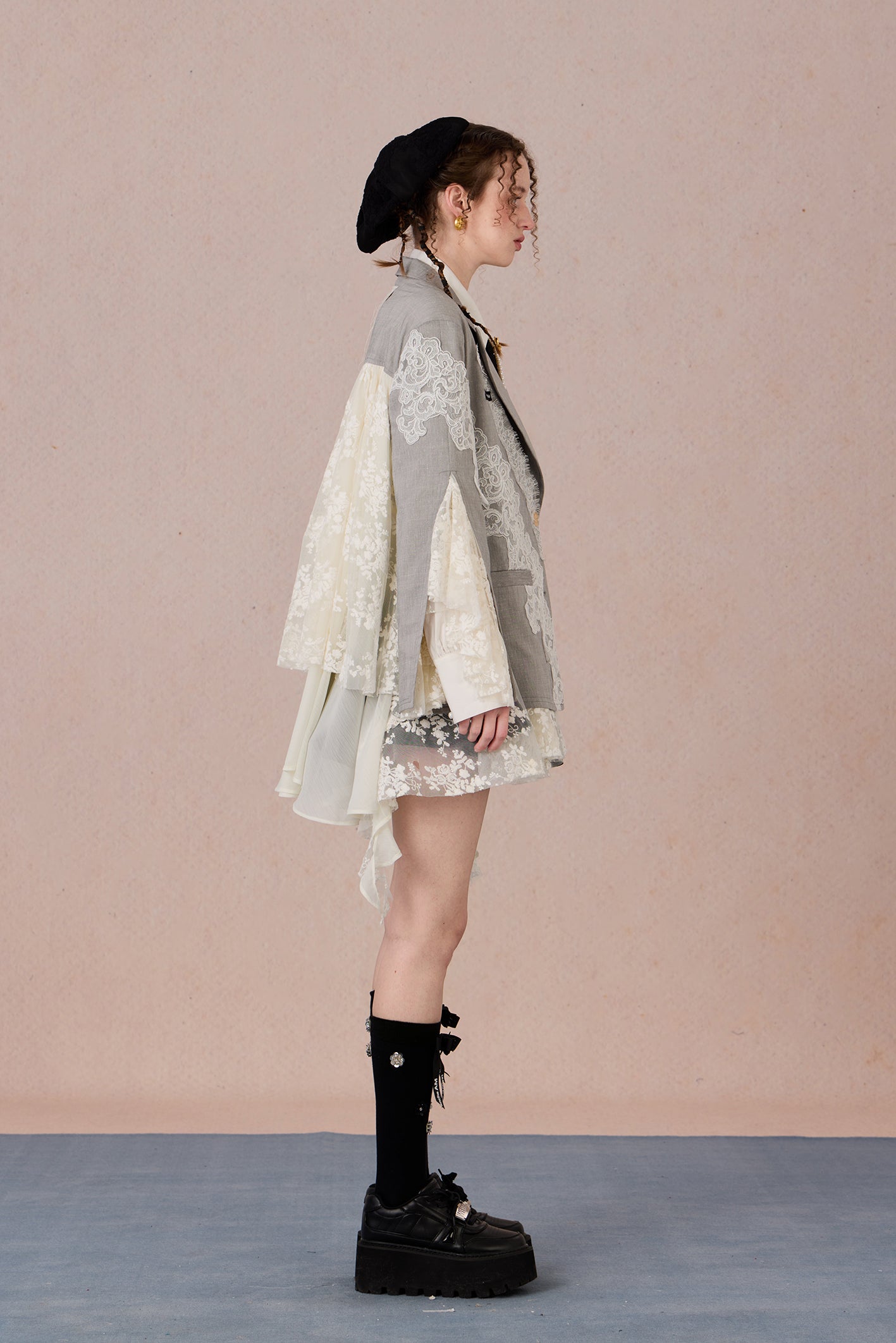 Linen blend tailored jacket with lace applique and irregular hemline