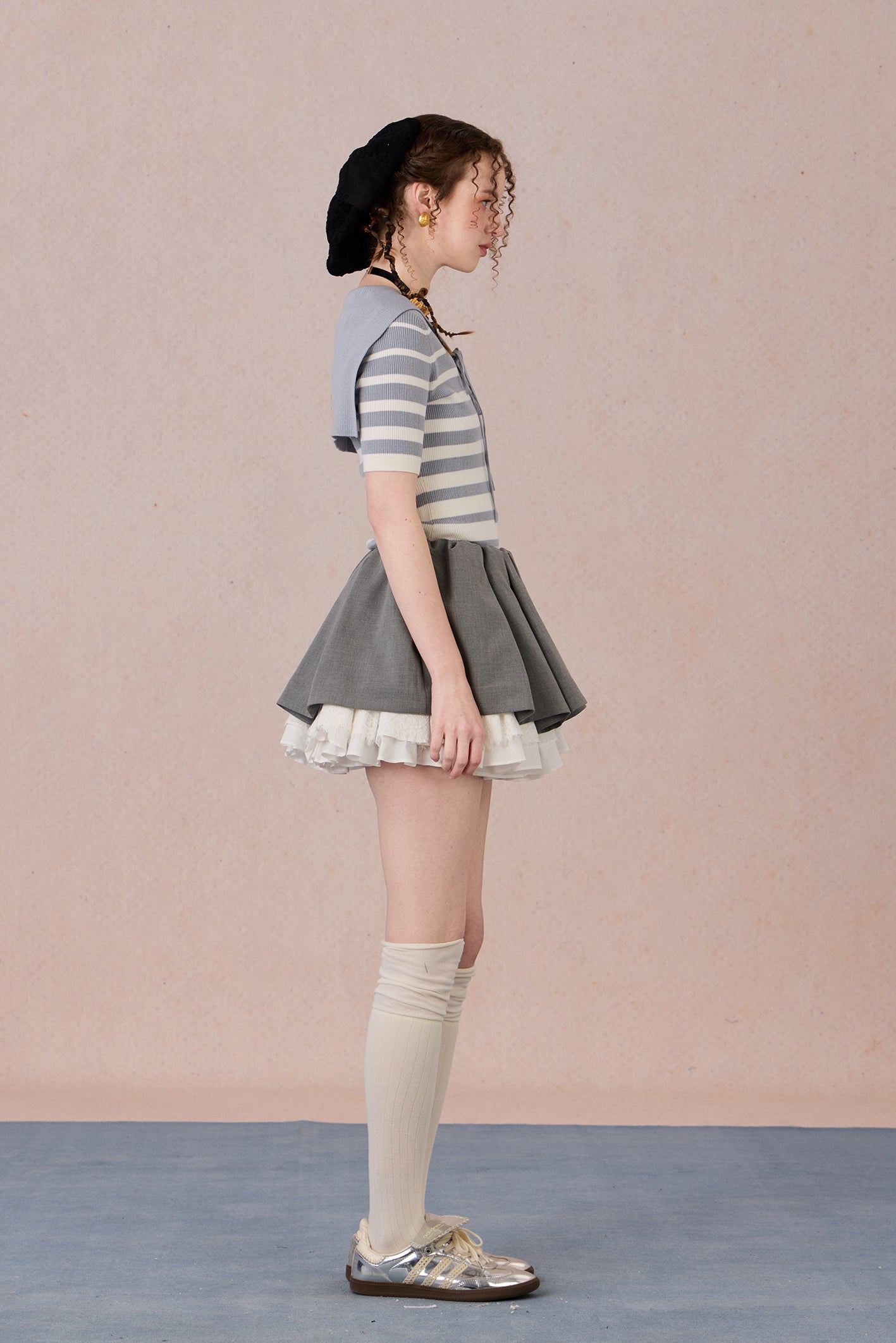 Casual chic styling of embroidered striped T-shirt with contrast neckline