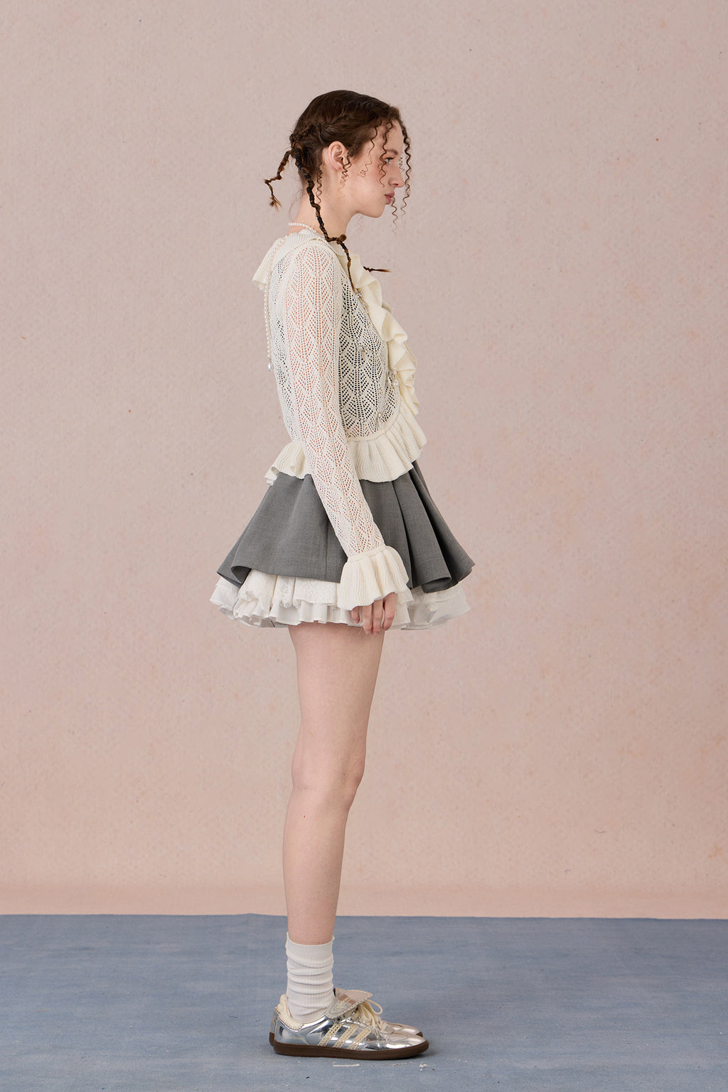 Feminine spring knit jacket styled with skirt