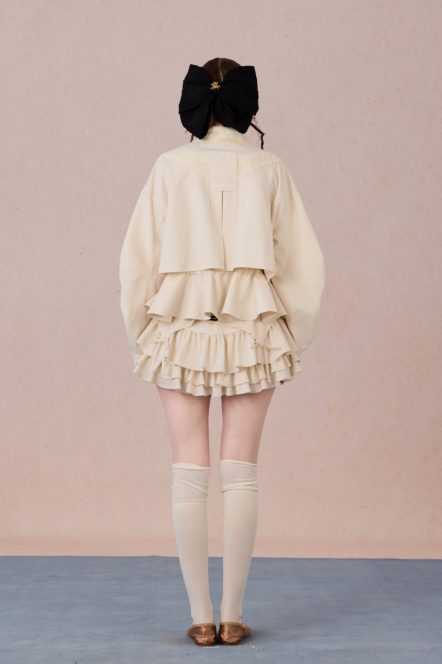  Multi-ruffle back hem and lace collage details on breathable linen blend fabric