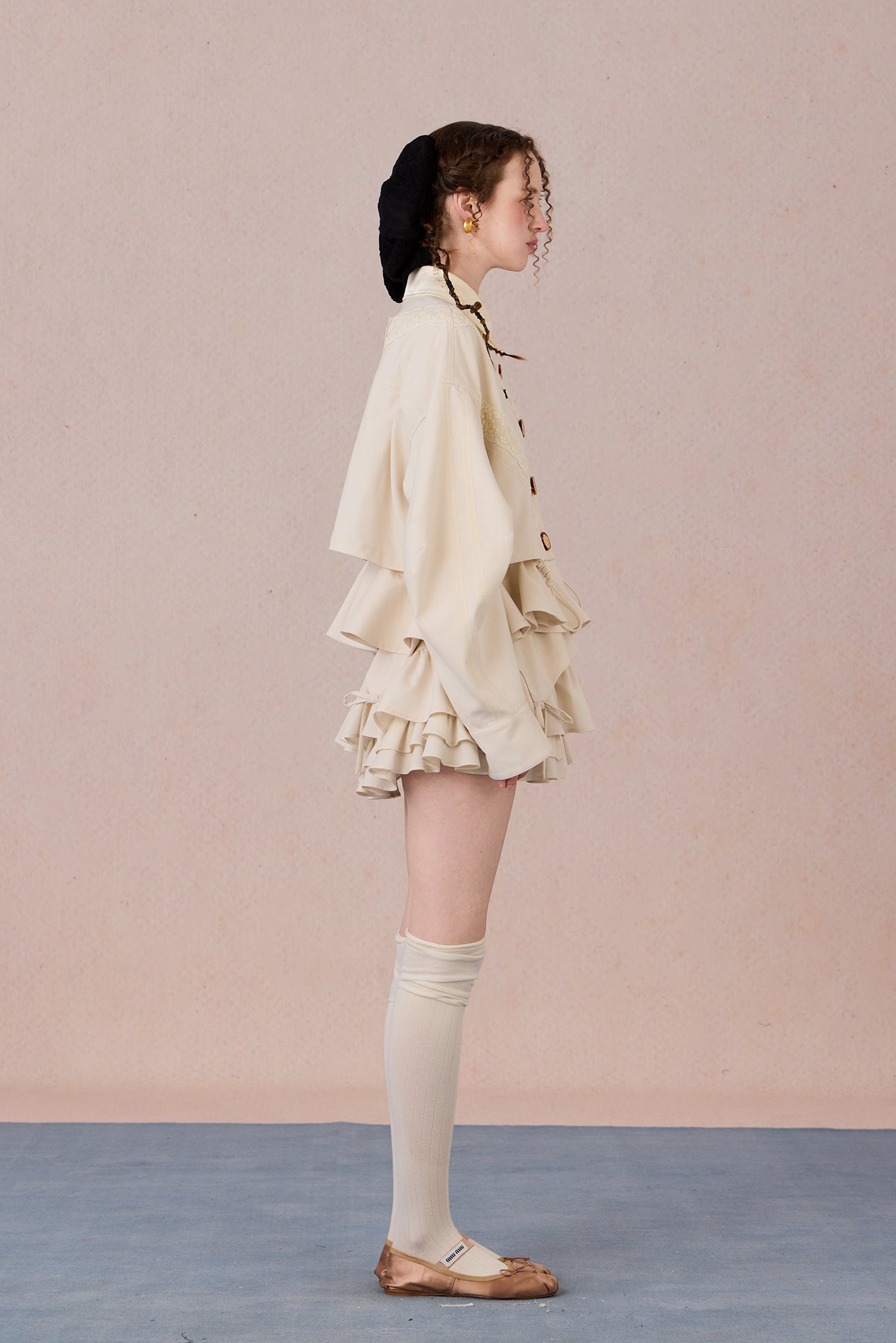 Vintage-inspired lightweight jacket with romantic lace and gathered cuffs