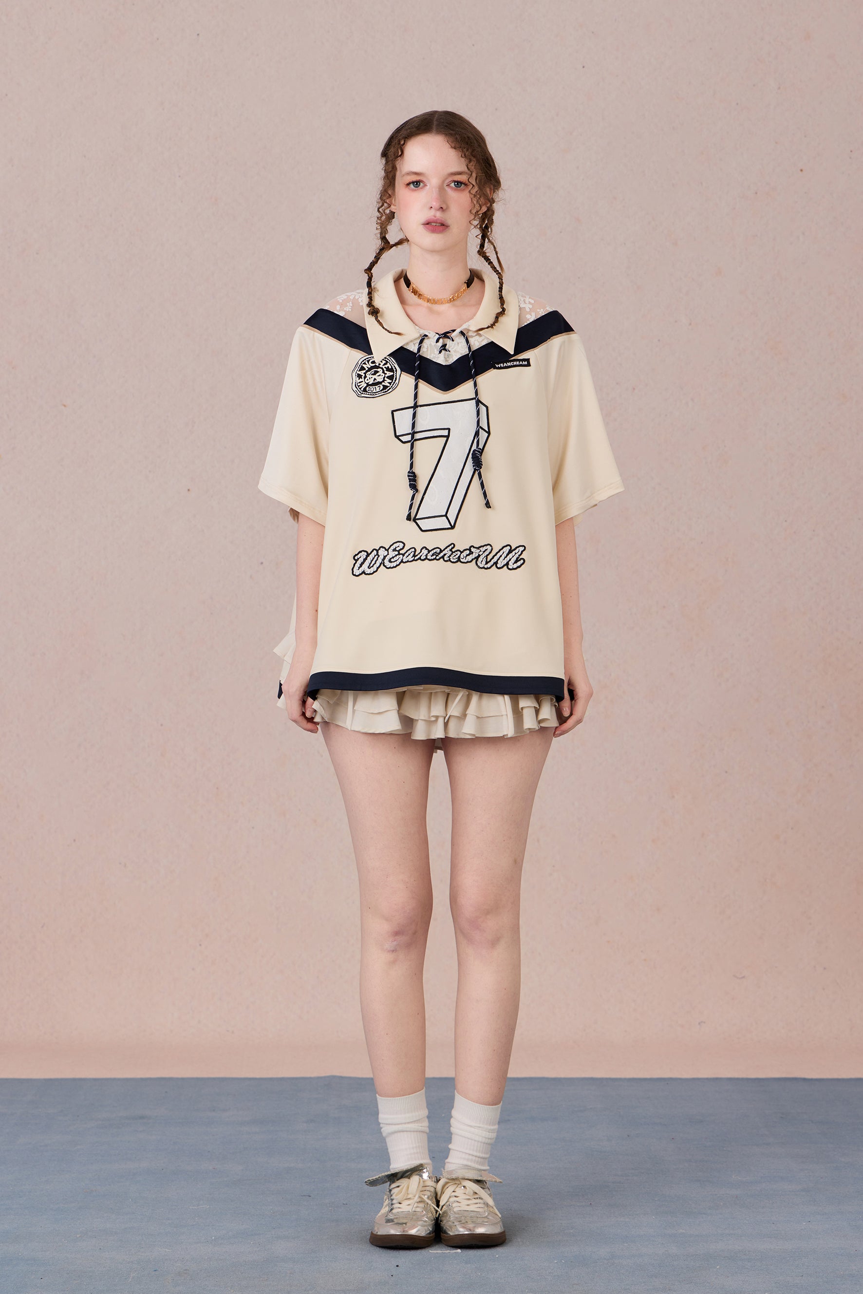 Oversized lace sports T-shirt with raglan sleeves and tie neckline – WEANCHEAM