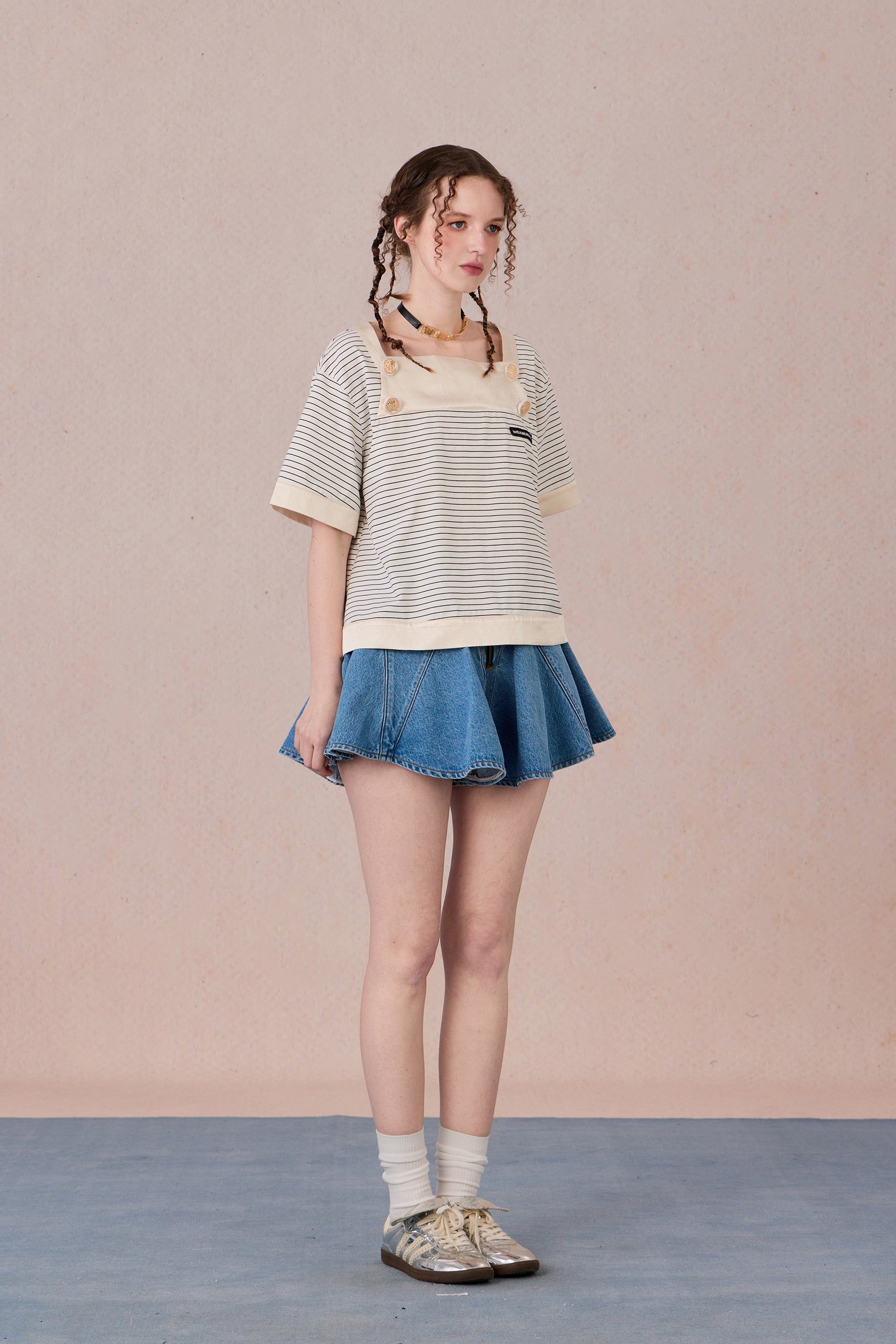 Artistic loose-fit cotton shirt with striped panel details