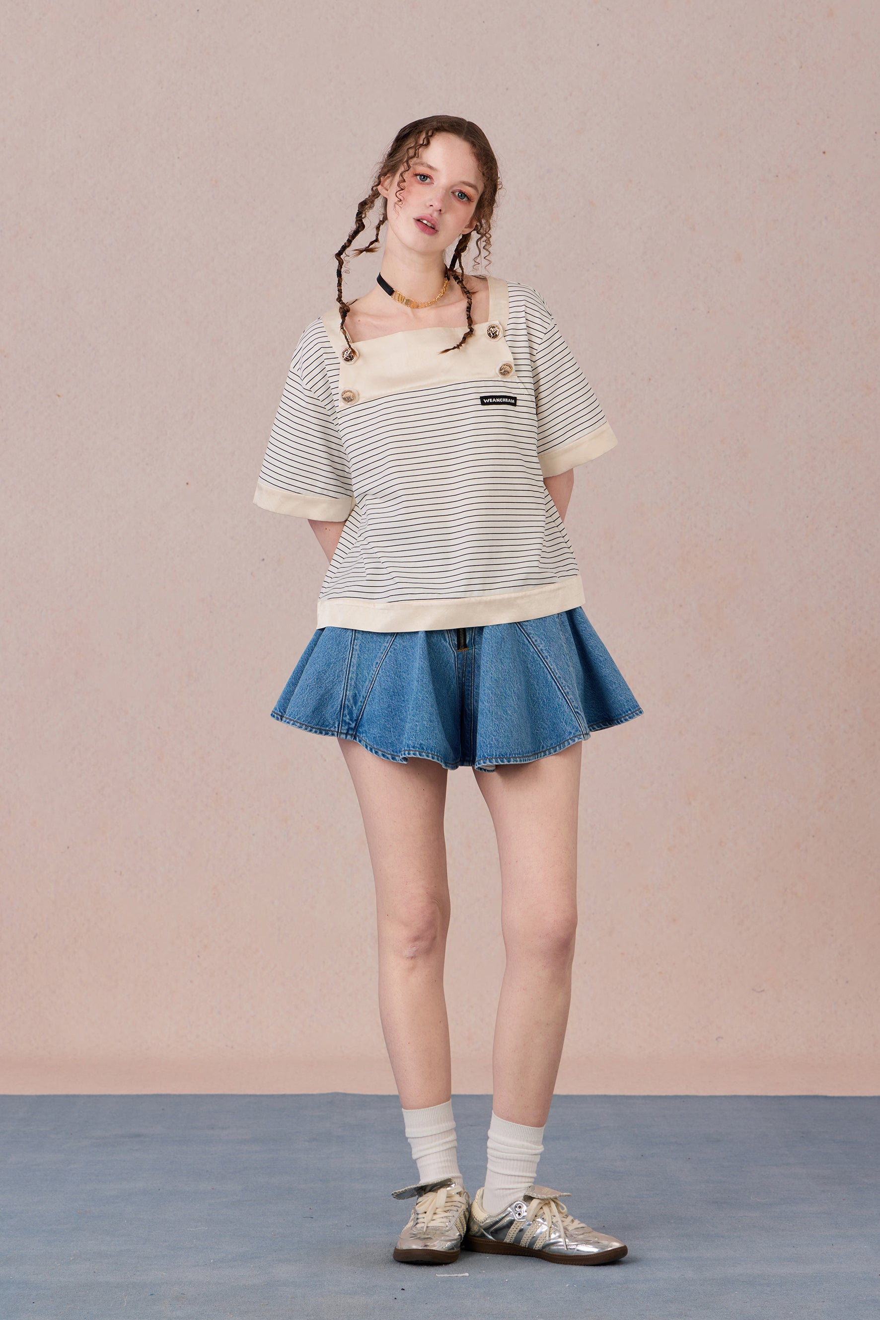 Artistic loose-fit cotton shirt with striped panel details