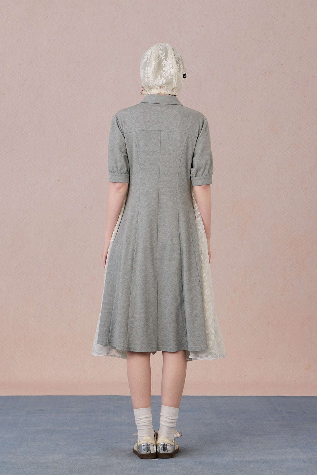 Model wearing lace-trimmed polo midi dress with pearl accents – WEANCHEAM
