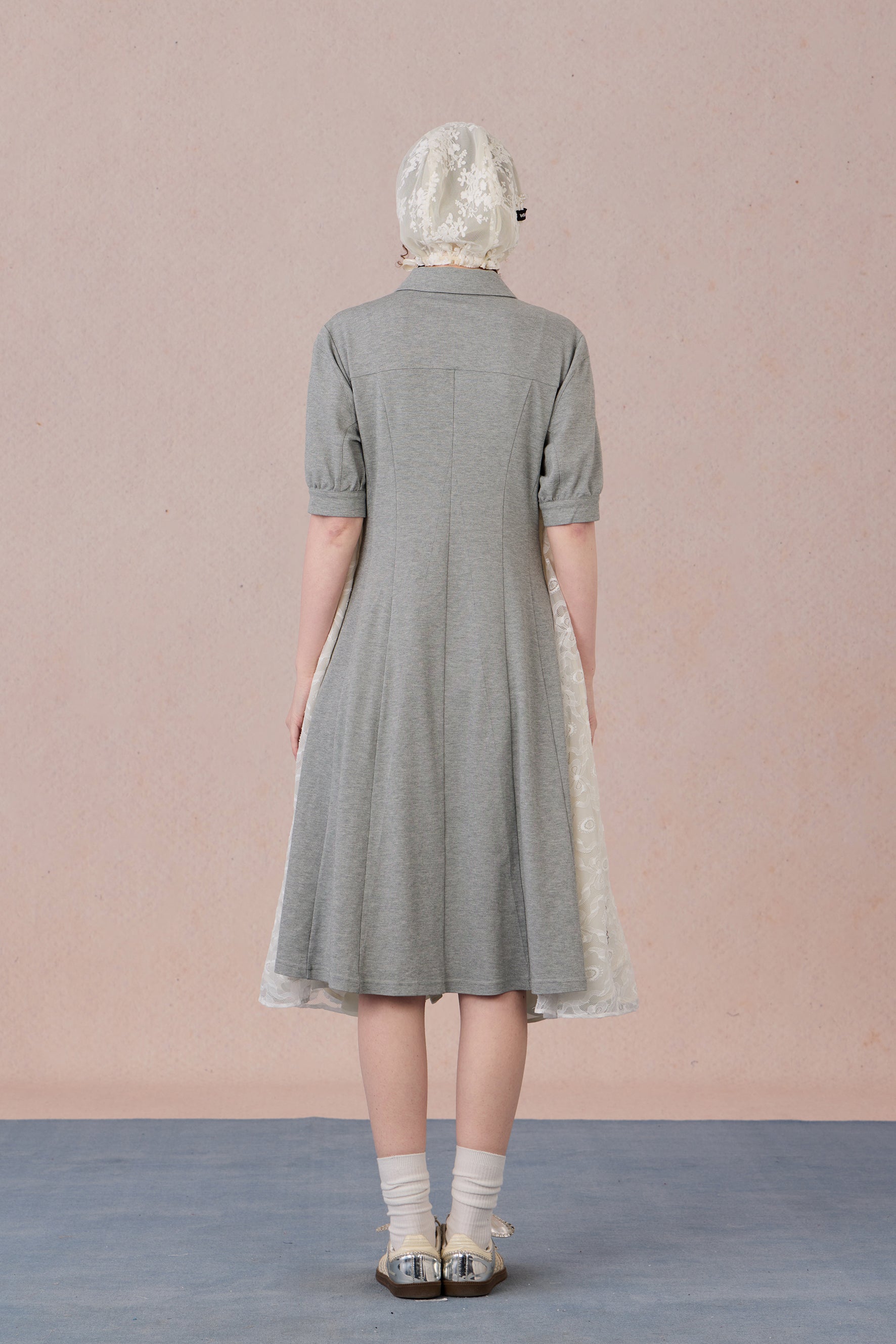 Model wearing lace-trimmed polo midi dress with pearl accents – WEANCHEAM