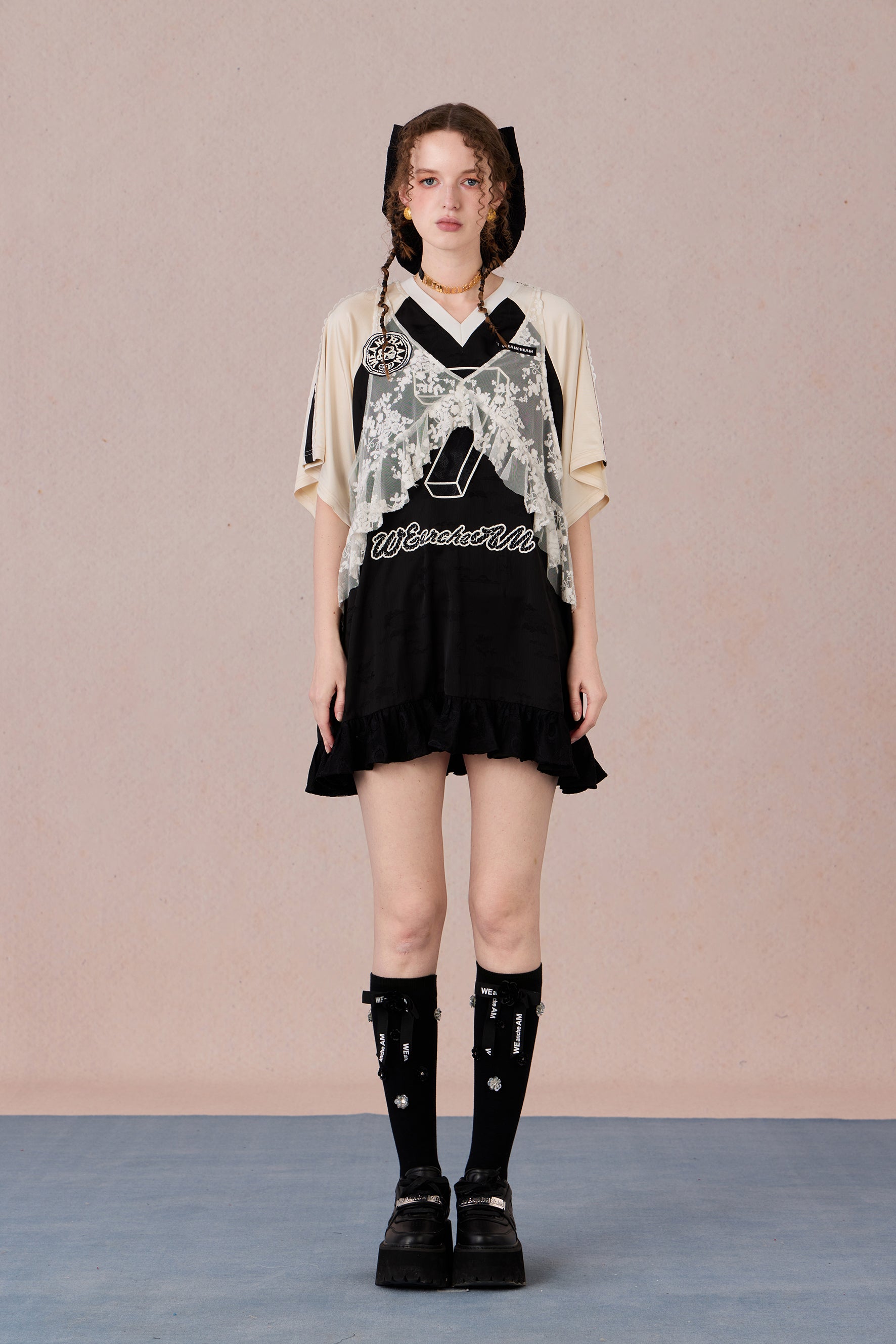 Summer sporty-style lace dress with flowing ruffle hem and halter neckline