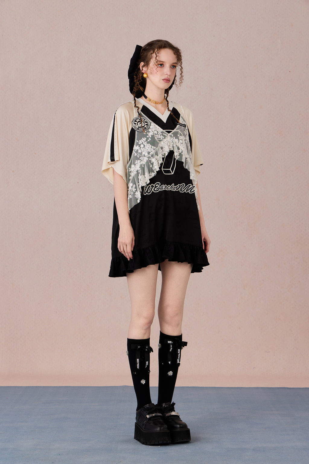 Summer sporty-style lace dress with flowing ruffle hem and halter neckline