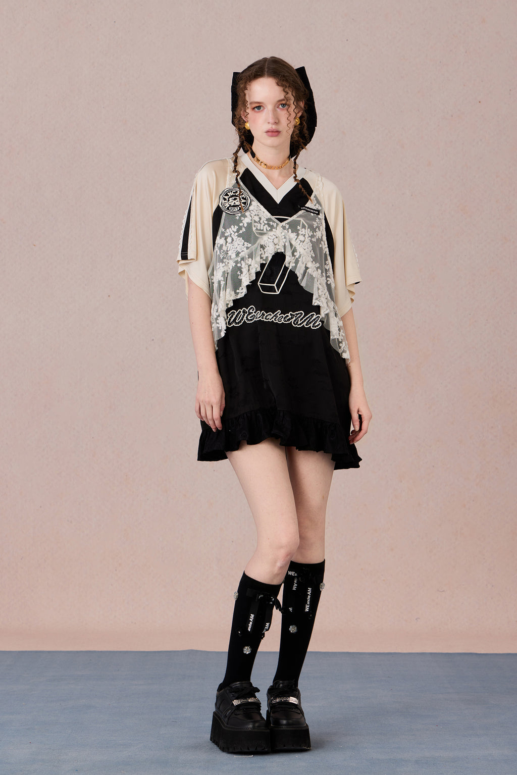 Summer sporty-style lace dress with flowing ruffle hem and halter neckline
