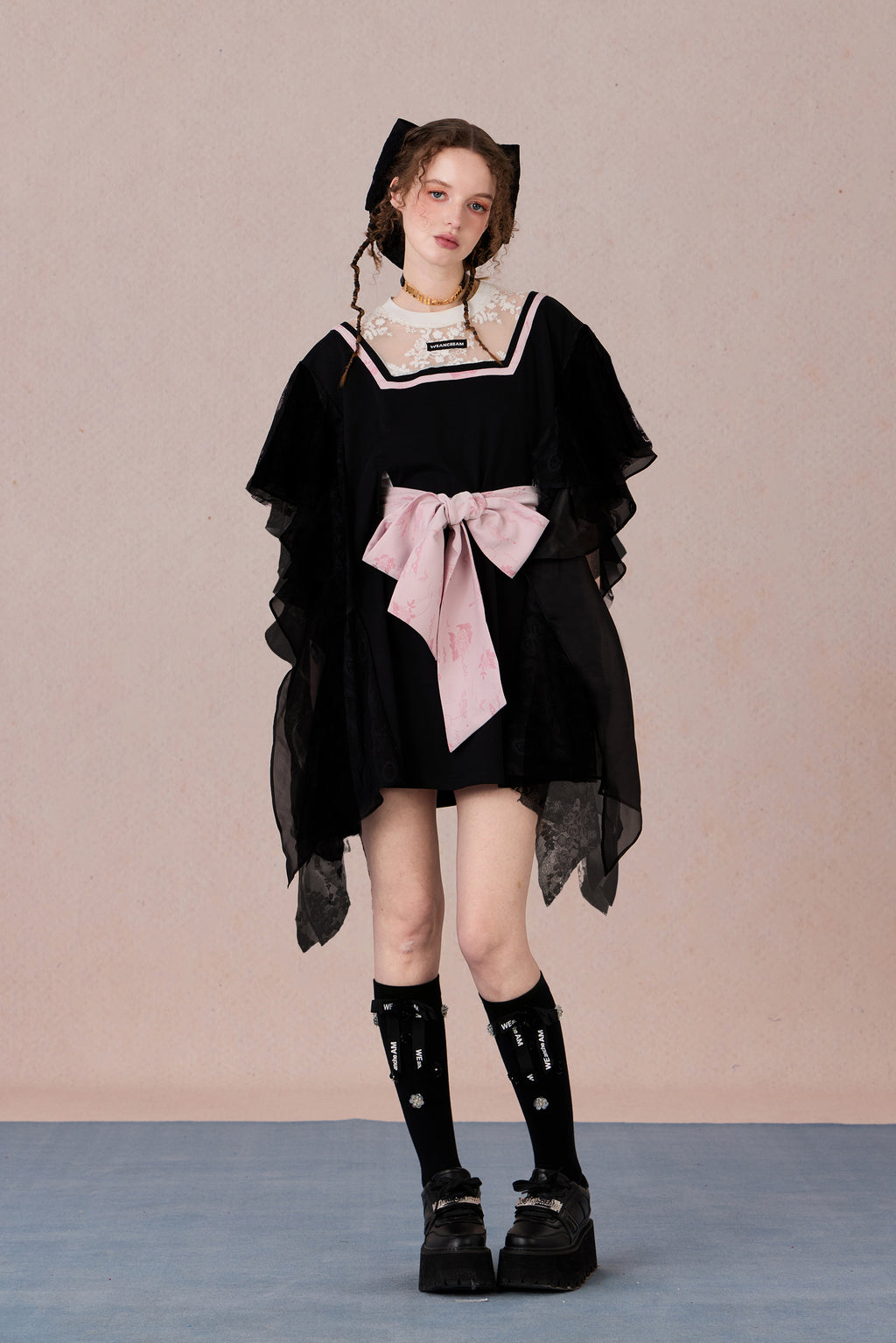 Fairycore-inspired dress with lace neckline and soft flowing silhouette