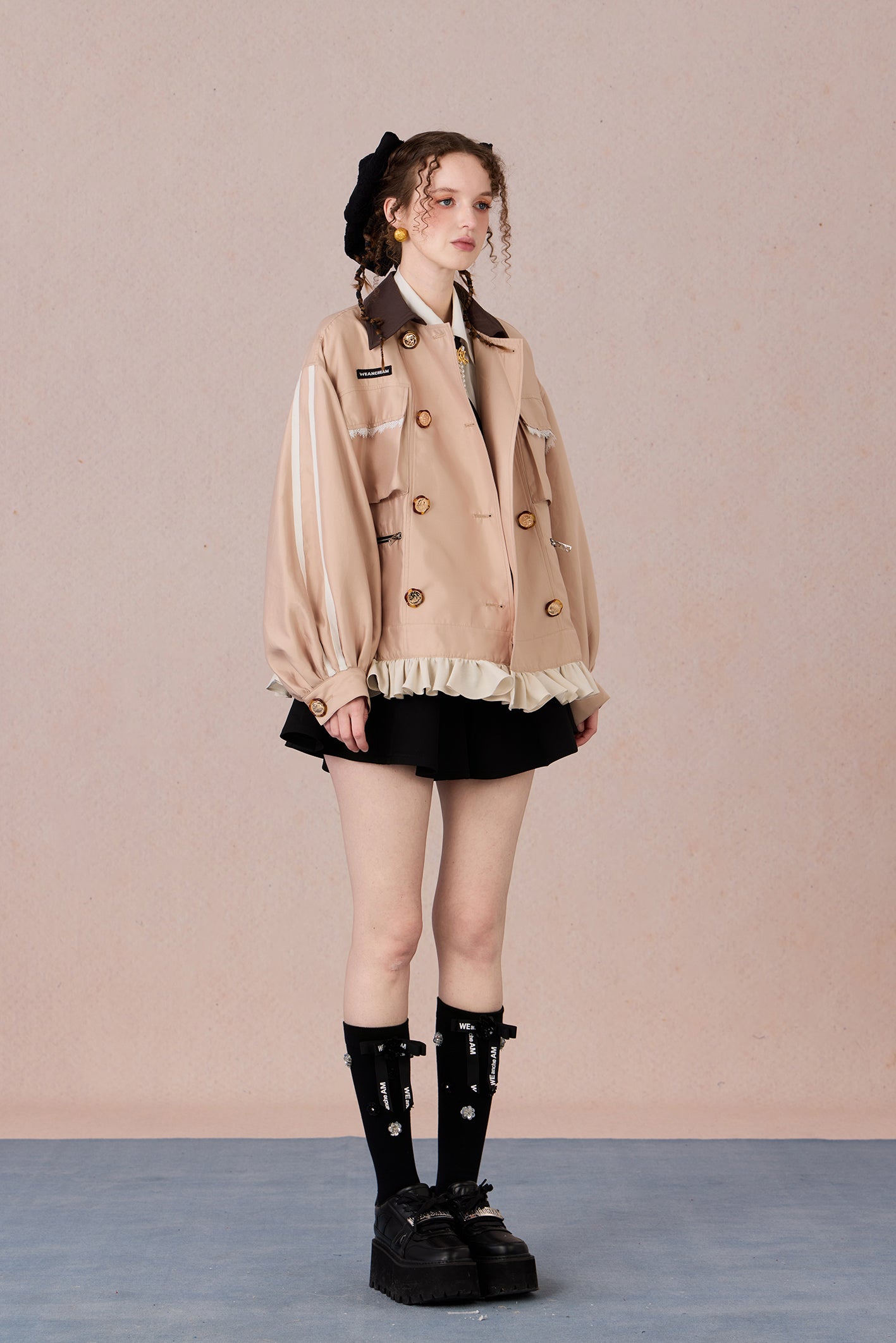 Romantic lace blazer with layered texture and loose fit silhouette