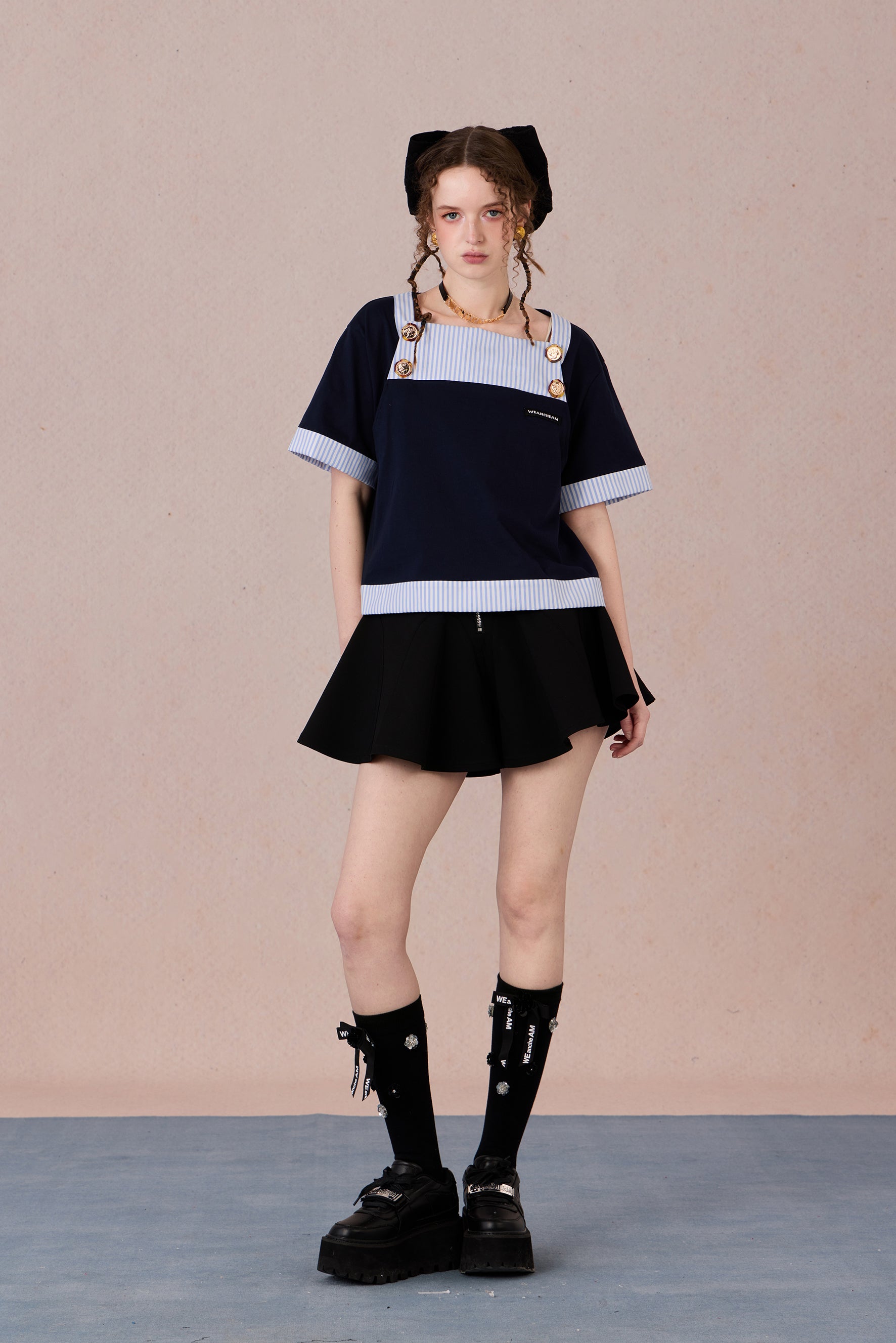 Artistic loose-fit cotton shirt with striped panel details