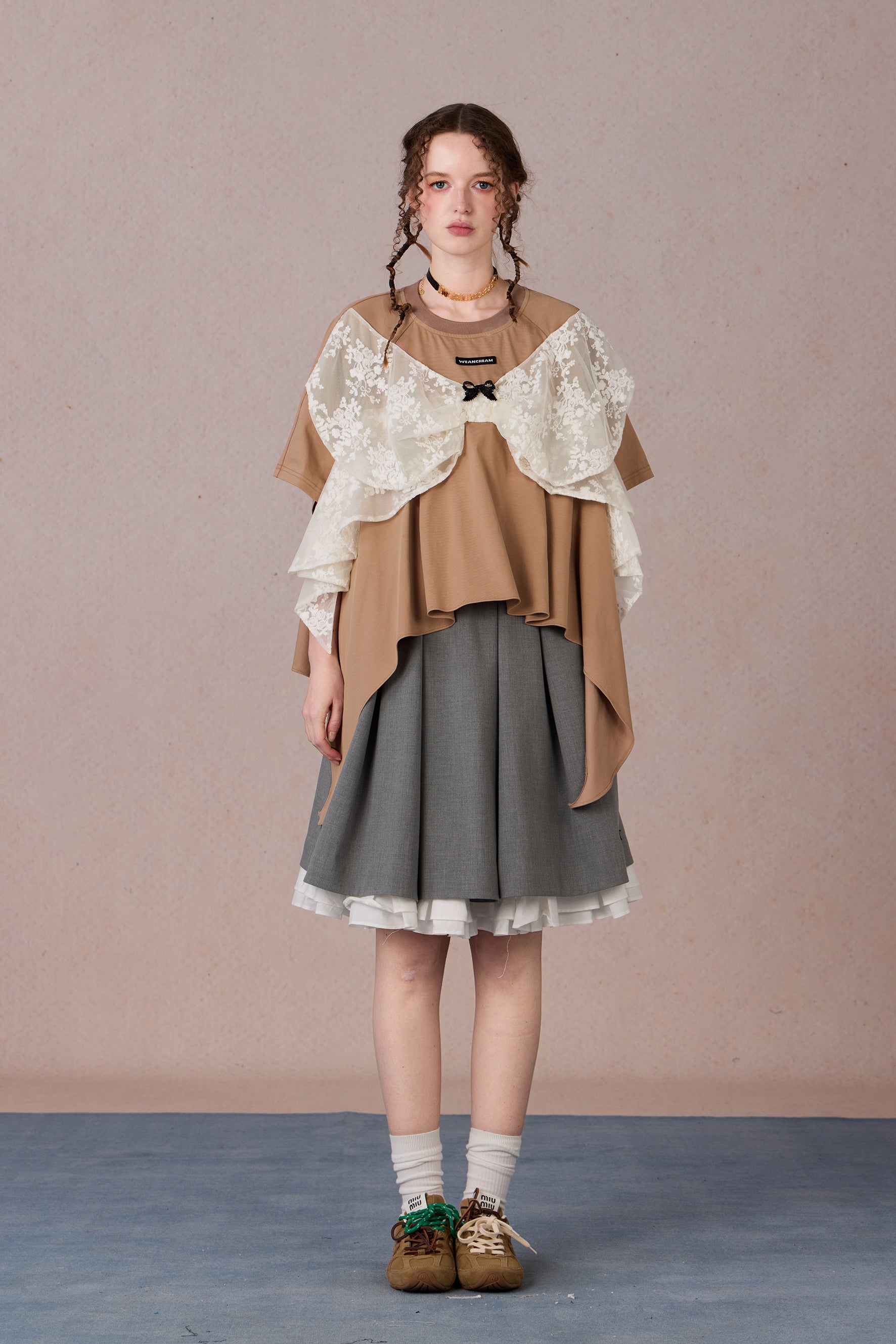  Oversized big bow T-shirt with lace and mesh layers – WEANCHEAM