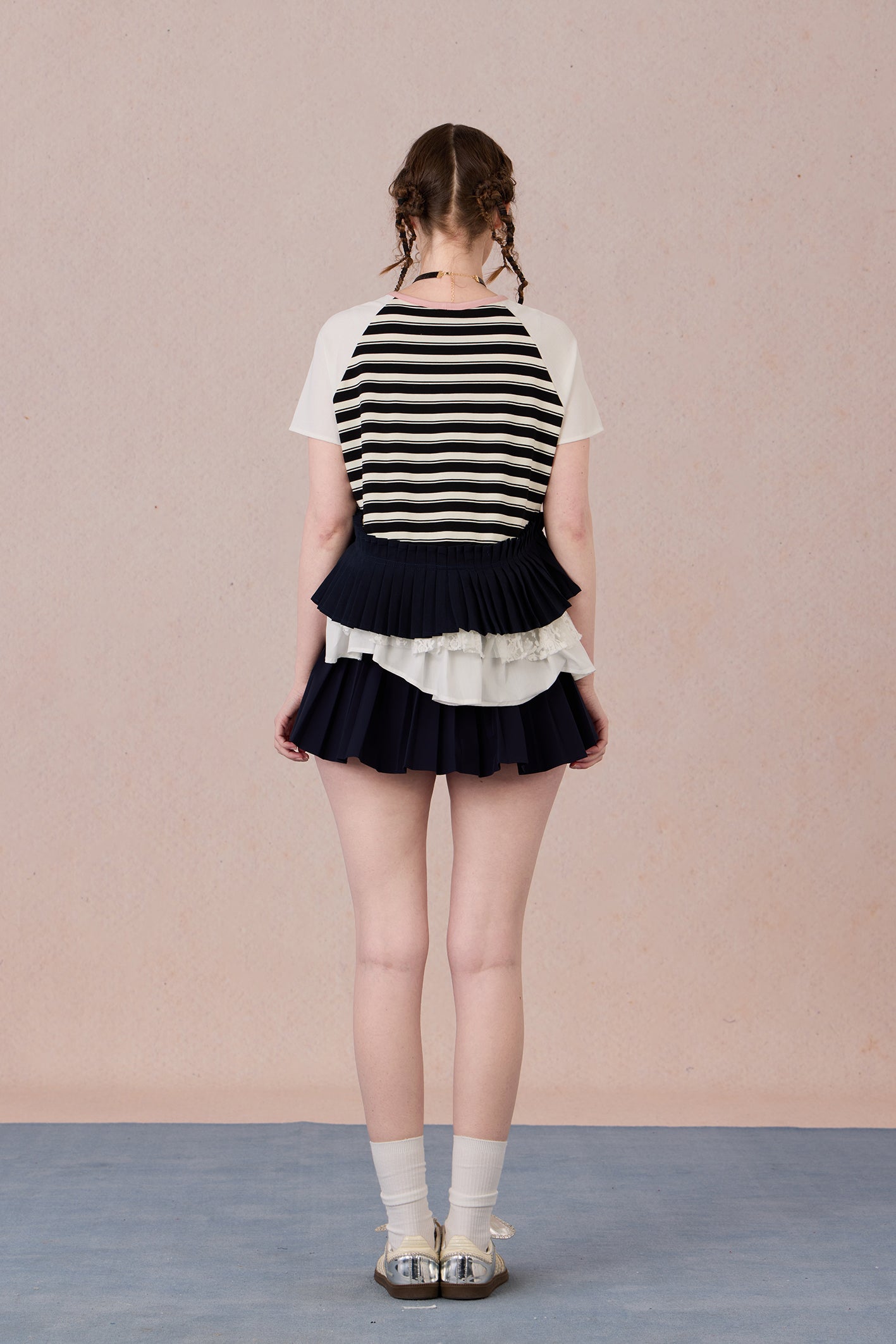 Asymmetrical cotton top with lace trim and layered textures