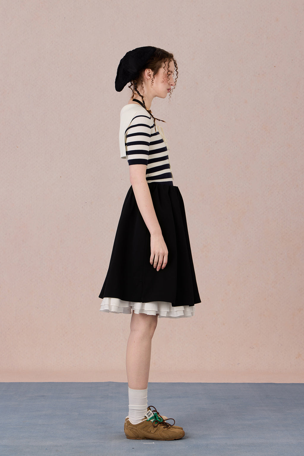 Casual chic styling of embroidered striped T-shirt with contrast neckline