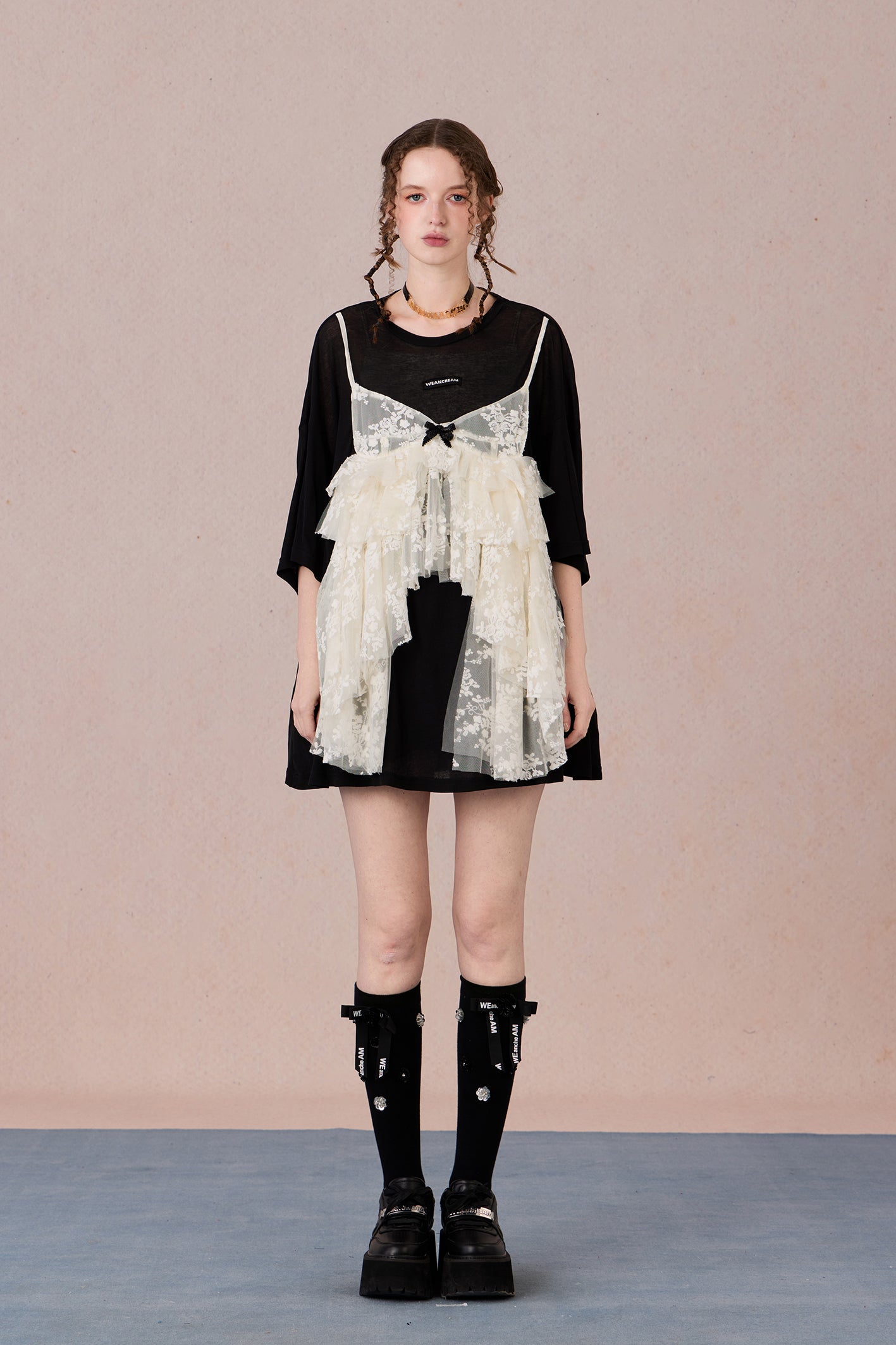 Layered cotton blend top with sheer base and romantic lace