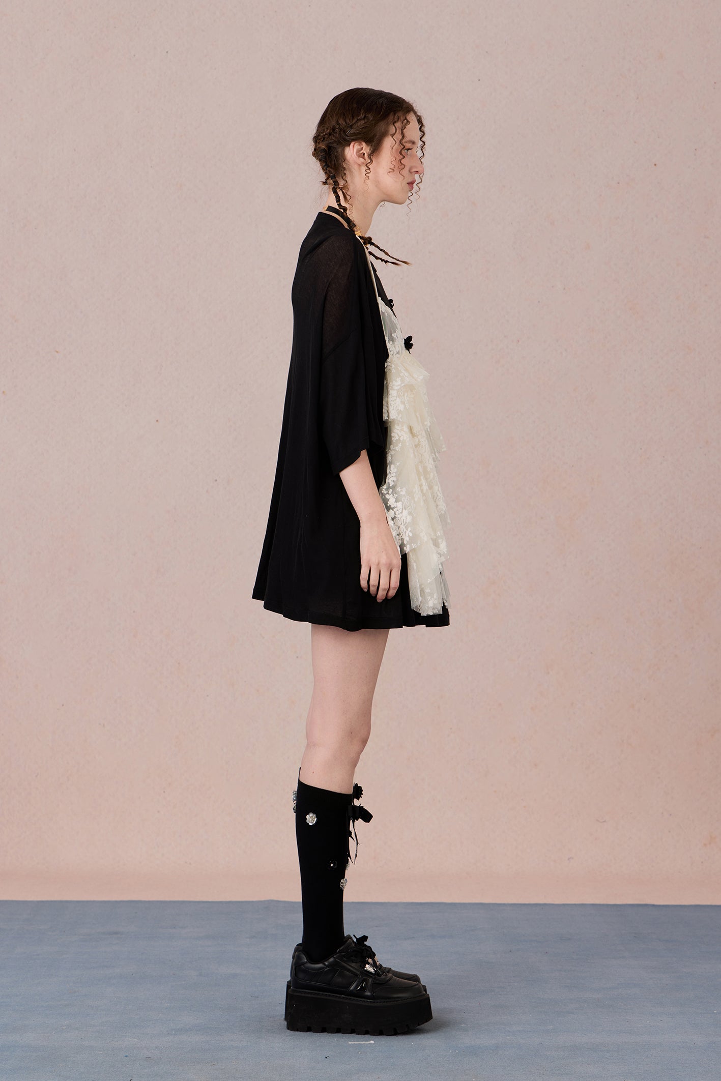 Layered cotton blend top with sheer base and romantic lace