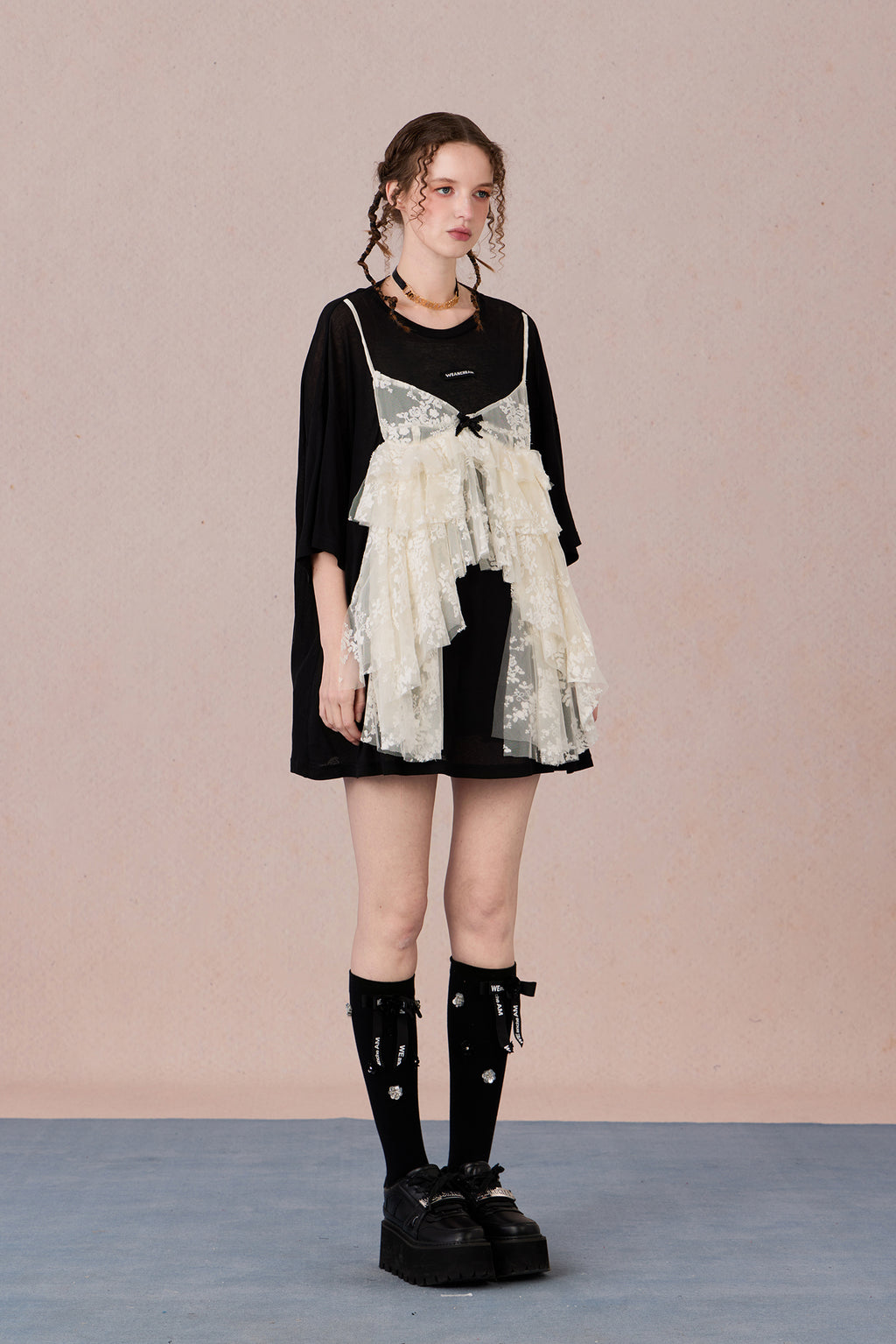 Layered cotton blend top with sheer base and romantic lace