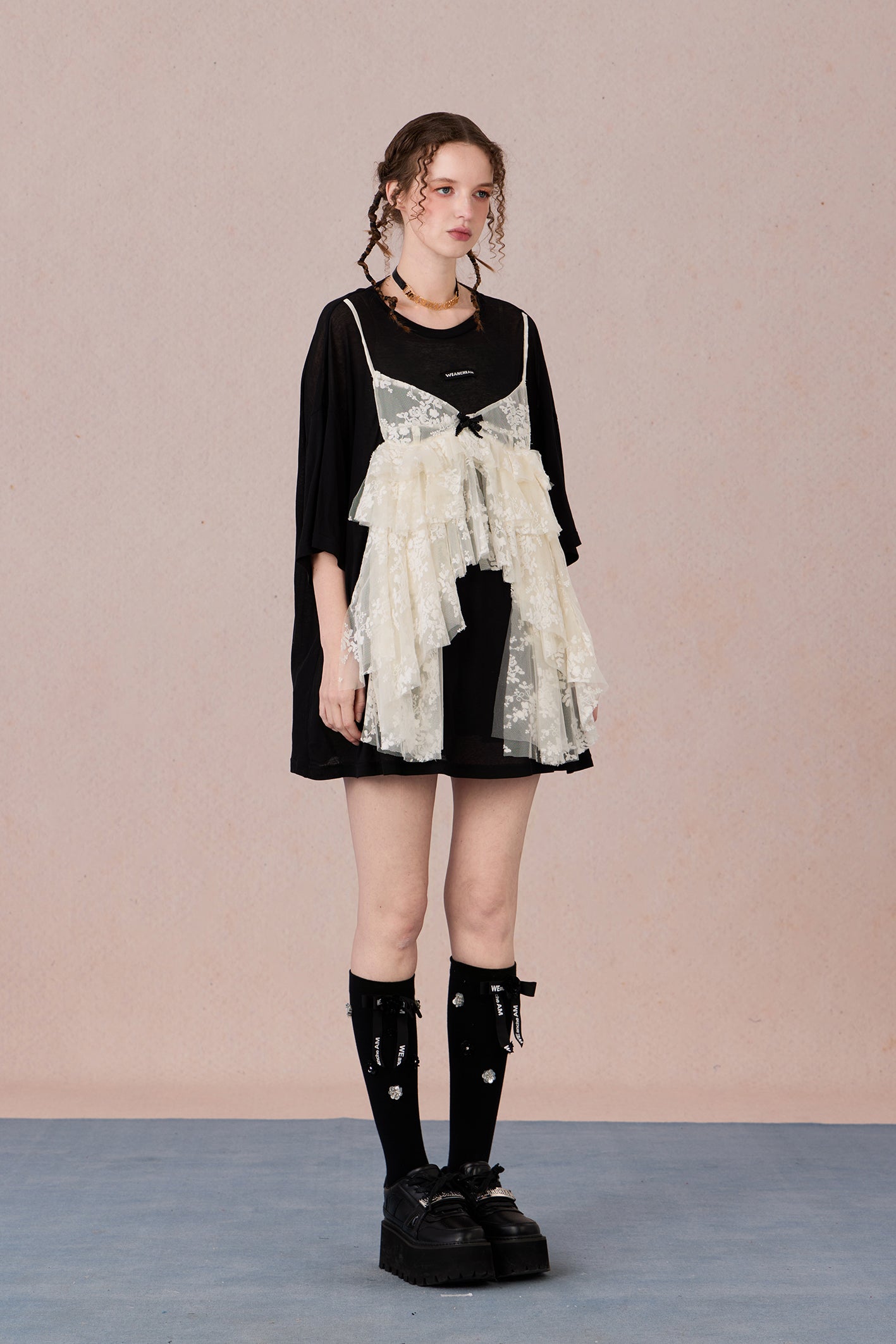 Layered cotton blend top with sheer base and romantic lace