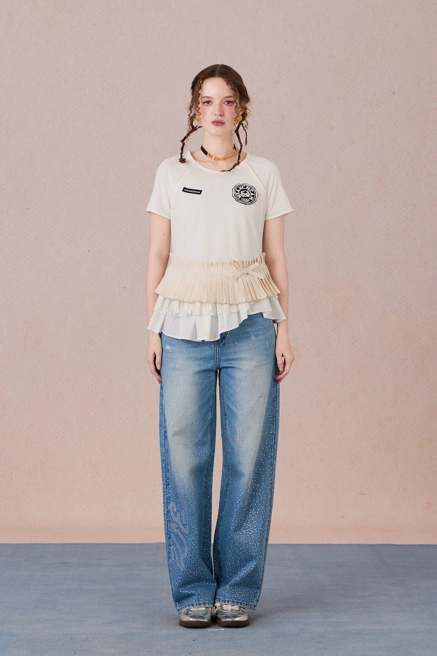 Asymmetrical cotton top with lace trim and layered textures