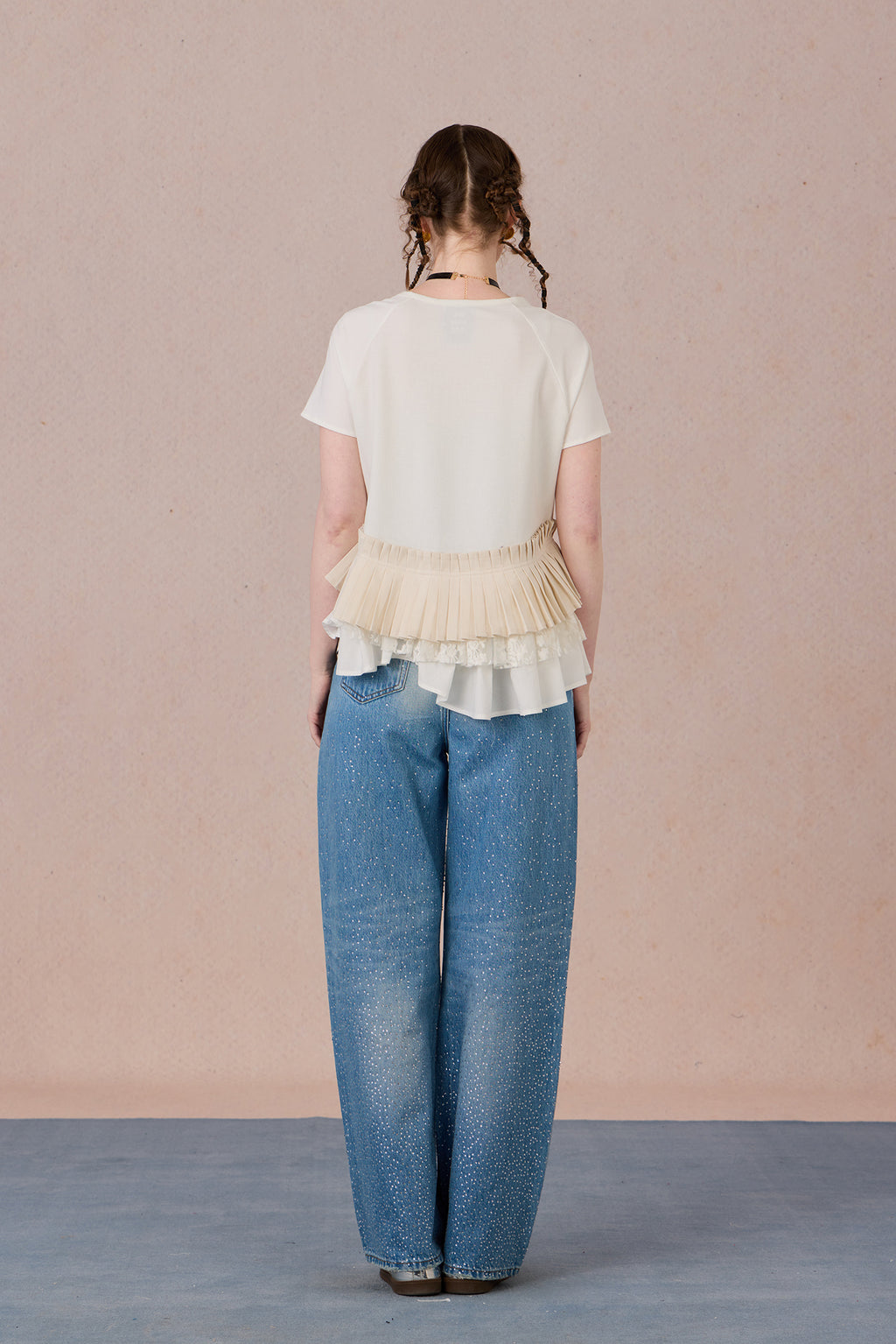 Asymmetrical cotton top with lace trim and layered textures