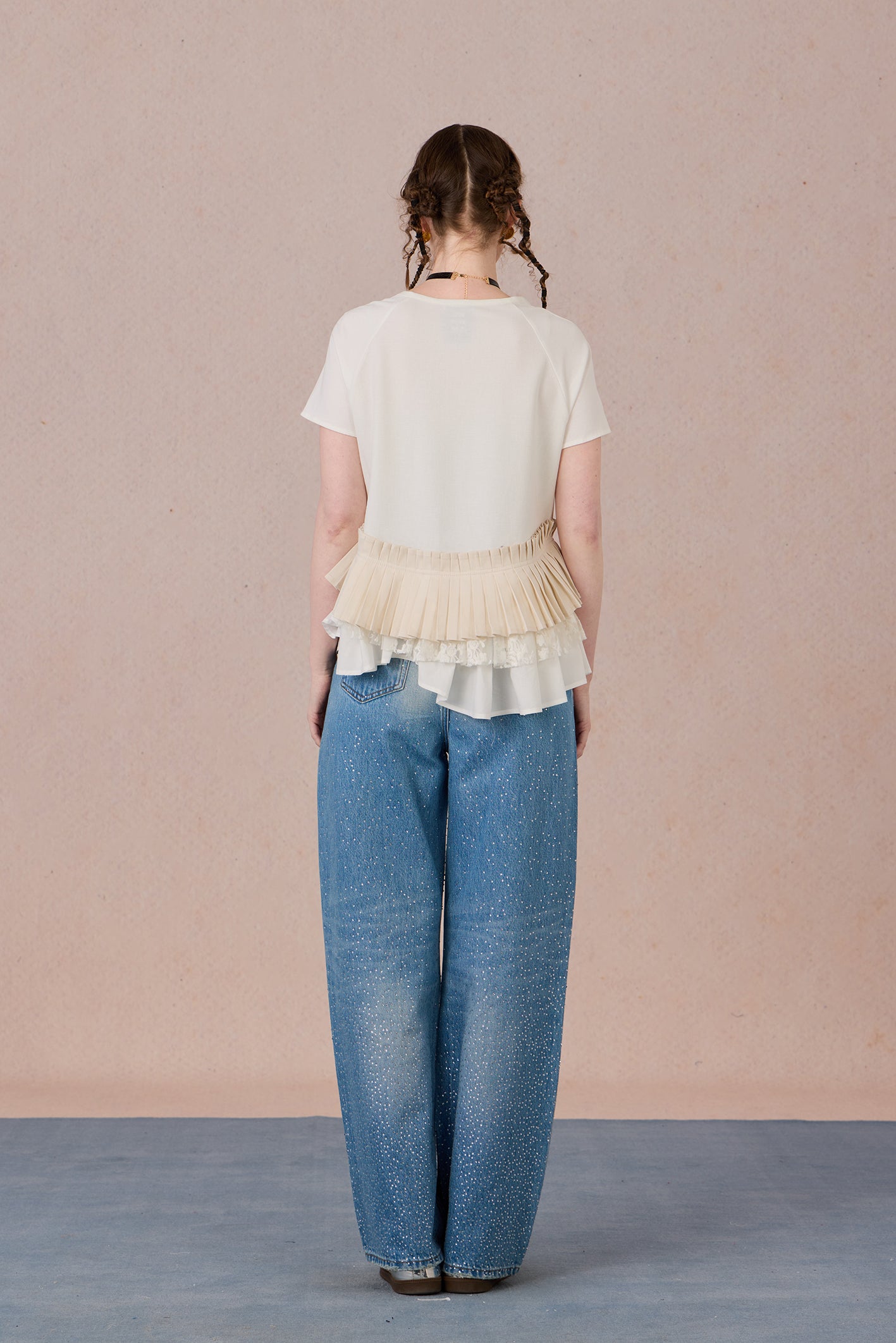 Asymmetrical cotton top with lace trim and layered textures